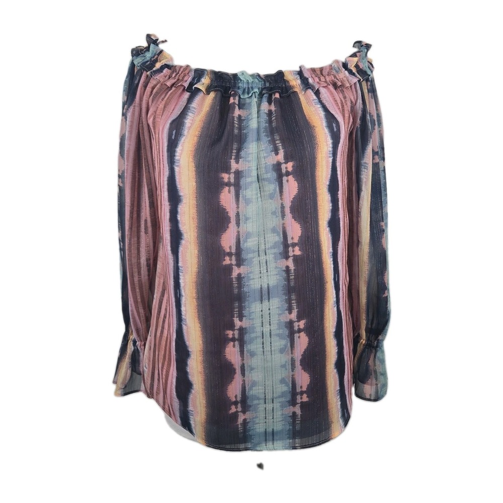 INC Women's Small Multicolor Print Chiffon Elastic Banded Neckline Lined Blouse
